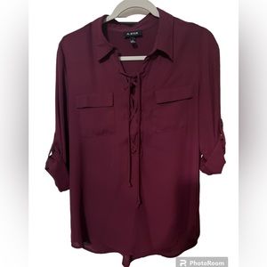 A.BYER blouse Medium cuffed button sleeves Cranberry front pockets front lace up